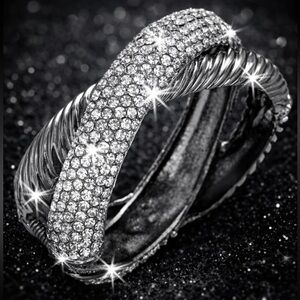NEW Crystal CRISS CROSS Pave Set CZ statement ETERNTIY Bangle Bracelet Hematite